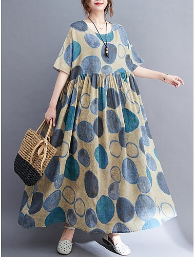  Pentru femei Rochie Maxi Rochii de in bumbac Rochie casual Rochie leagăn Rochie maxi din bumbac De Bază Casual Vacanță Zilnic Fit regulat Grafic Manșon scurt Stil Nautic Albastru piscină Vară