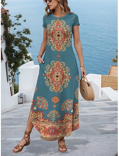  Damen Maxidress Casual kleid Vintage Urlaub Regular Fit Paisley-Muster Kurzarm Rundhalsausschnitt Schwarz Marineblau Blau Grün Sommer