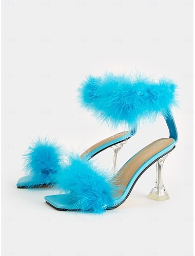  Sandalias de tacón alto adornadas con plumas de color turquesa y tacón de aguja transparente para mujer: perfectas para fiestas y eventos especiales