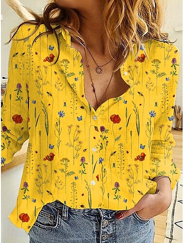  Chemise pour femmes florale quotidienne élégante à manches longues col hauts longs quotidiens impressions jaune été printemps