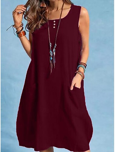  Per donna Abito maxi Abiti ispirati al lino Vestito Casual Elegante Essenziale Casual Vacanza Quotidiano Vestibilità regolare Semplice Senza Maniche Girocollo Nero Rosso Blu Estate Primavera