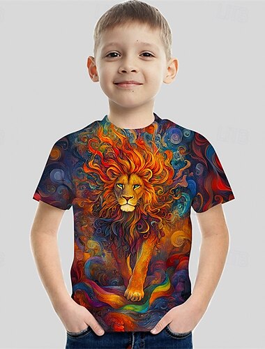  Da ragazzo 3D Pop art Leone maglietta T-shirt Manica corta Estate Primavera Di tendenza Essenziale Bambino 4-12 anni Girocollo Esterno Informale Giornaliero Standard