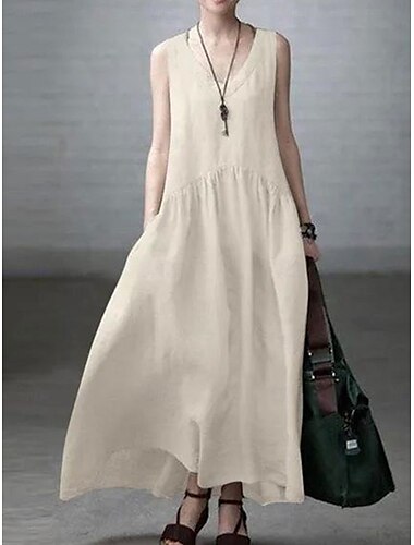  Femmes Robe maxi Robes en coton et lin Robe Décontractée Élégant Basique Occasionnel Vacances Quotidien Date Coupe Ample Uni Sans manches Col en V Noir Vin Vert Véronèse Beige Été Printemps