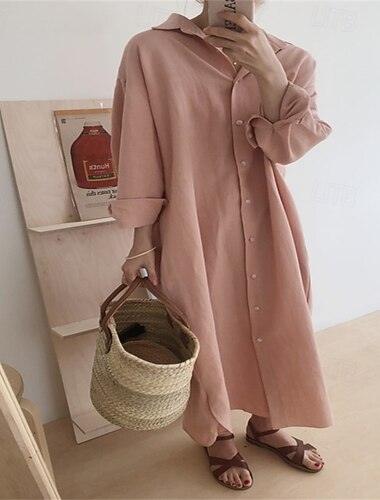  Per donna Abito Lungo Maxi Abito Abiti ispirati al lino Abito Camicia Vestito Casual Elegante Casual Vacanza Quotidiano Data Vestibilità regolare Semplice Manica Lunga Bavero Bianco Rosa Blu marino