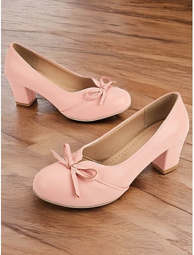  Damen Absätze Retro Arbeit Täglich Schleife Blockabsatz Runde Zehe Elegant Vintage Kuschelig PU Halbschuhe Mandelfarben Schwarz Weiß