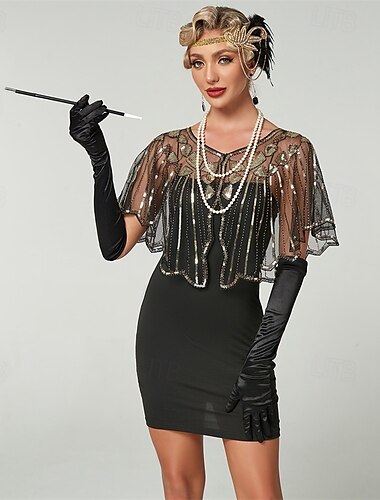  Sweetv Damen-Schal im 1920er-Jahre-Stil, Flapper-Abendschal mit Pailletten und Perlen für formelle Anlässe/Partys/Hochzeiten/Harlem-Abende
