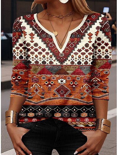 Women's T Shirt Graphic Geometric Casual Long Sleeve Notched Neck Regular Tops Daily Print Brown Spring Fall
