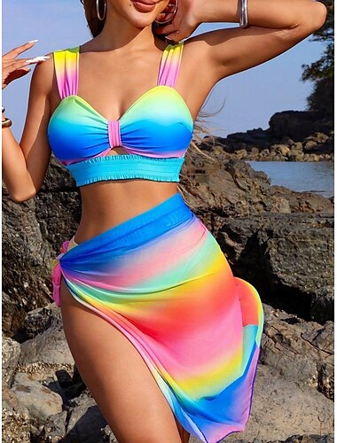  Dames Zwemkleding Bikini Driedelig Rok Zwempak Blote rug Slank Vakantie Strand Kleding Ombre V-hals Mouwloos Badpakken