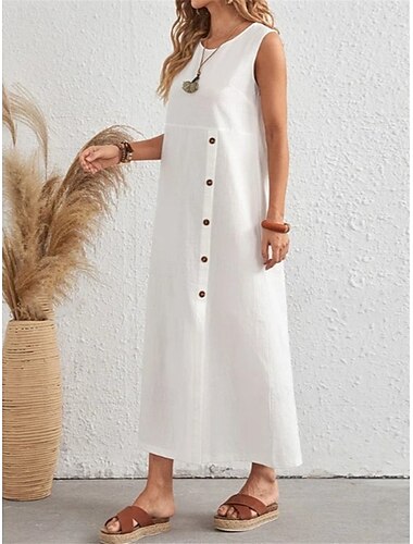  Damen Maxikleid Baumwoll-Leinen-Kleider Basic Lässig Urlaub Täglich Normale Passform Einfach Ärmellos Rundhalsausschnitt Weiß Sommer