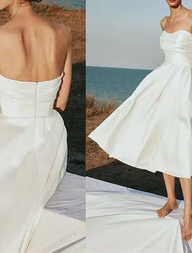  Strand Kleine Abschlussfeier Weiße Kleider Boho Hochzeitskleider A-Linie Herz-Ausschnitt Ärmellos Teelänge Jersey Brautanzüge Brautkleider Mit Rüsche Perlen 2025