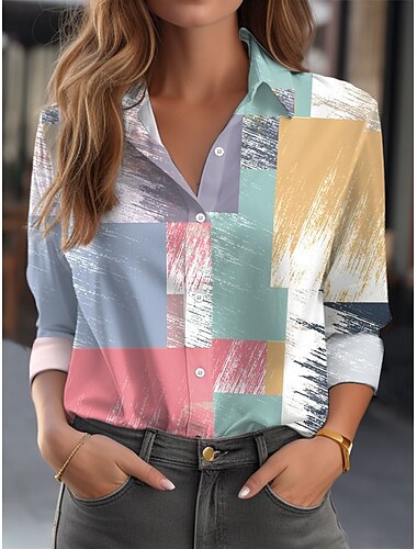  Femmes Chemise Géométrique Teinture par nouage Occasionnel manche longue Col de chemise Hauts Réguliers Travail Quotidien Boutons Imprimé Bleu Printemps Automne Hiver