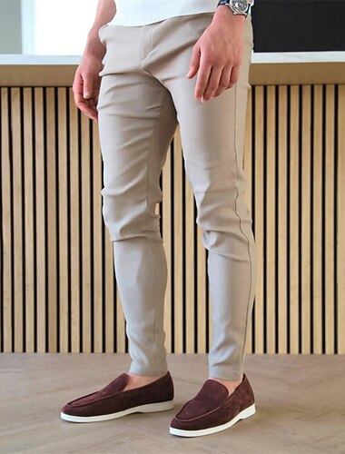  Homens Magro Calças chinês Botões Bolsos Tecido Conforto Formal Trabalho Diário Moda Estilo Clássico Preto Cáqui Micro-Elástica
