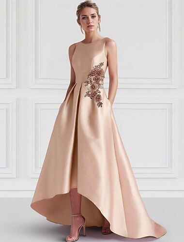  Vestido de noche en línea A-Line floral de satén elegante vestido formal invitada de boda asimétrico sin mangas con bordados apliques vestidos derby 2025