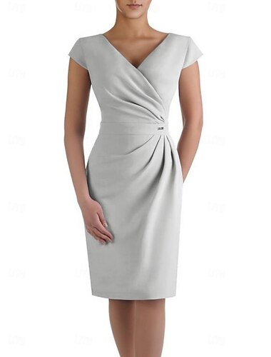  Sheath Brautmutterkleid Hochzeitsgast Elegant V-Ausschnitt Knielang dehnbare Stoffe Kurze Ärmel mit Rüschen 2025 kostenlos maßgeschneidert