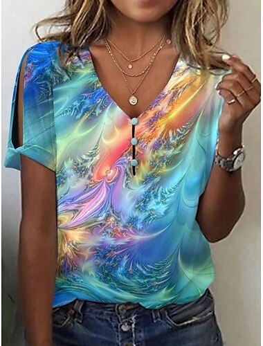  Damen T Shirt Farbverlauf Blumen Modisch Modern Brautkleider schlicht Kurzarm V Ausschnitt Normale Oberteile Täglich Wochenende Knopf Bedruckt Rote Königsblau Blau Sommer