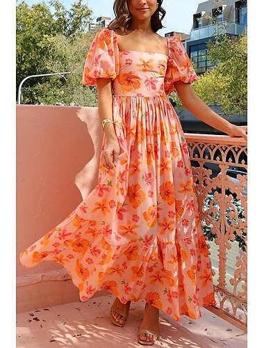  Mujer Vestido maxi Vestido informal Elegante Estilo lindo Casual Manga con volantes. Vacaciones Fiesta Diario Ajuste regular Graphic Manga Corta Escote Cuadrado Naranja Verano Primavera