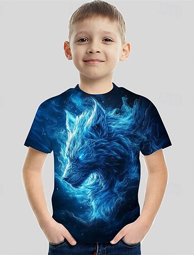  Jungen 3D Graphic Wolf T-Shirt Kurzarm Sommer Frühling Modisch Basic kinderkleidung 4-12 Jahre Rundhalsausschnitt Outdoor Casual Täglich Regular Fit