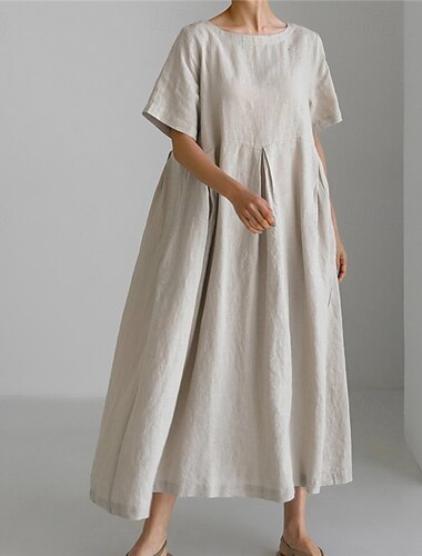  Damen Langes Kleid Maxikleid Leinen-inspirierte Kleider Freizeitkleid Baumwoll-Leinenkleid Stilvoll Lässig Urlaub Täglich Date Normale Passform Einfach Kurzarm Rundhalsausschnitt Marineblau