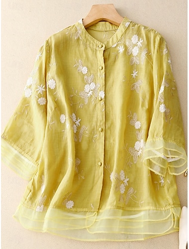  Dames Overhemd Katoenen linnen overhemden Knoop omhoog Blouse Bloemig Basic Casual 3/4 mouw Hoge nek Normale tops Dagelijks Geborduurd Knop Geel Paars Groen Beige Zomer Lente Herfst