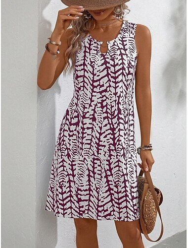  Femme Mini robe Robe casual Robes bohème chic Robe Débardeur Bohême Décontractées Bohème Vacances du quotidien Plage Ample Floral Sans Manches Col Ras du Cou Vin Bleu Bleu clair Eté Printemps