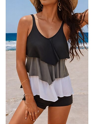  Frauen Badeanzüge Tankini Badeanzug Farbblock Schichten Schwarz Grau Weiß Sommer Strand Poolseit Sportliches Top mit Shorts Badebekleidung Schnelltrocknend Dehnbar