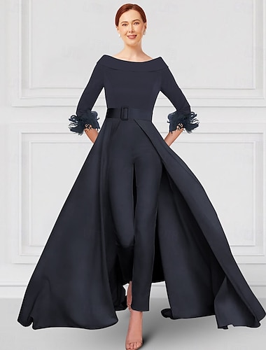 Combinaison  Pantalon Mère de la Mariée Élégante Fête Col Rond Épaules Dénudées Longueur Cheville Tissu Élastique Manches 3/4 avec Sangle en Plumes  Ruban 2025