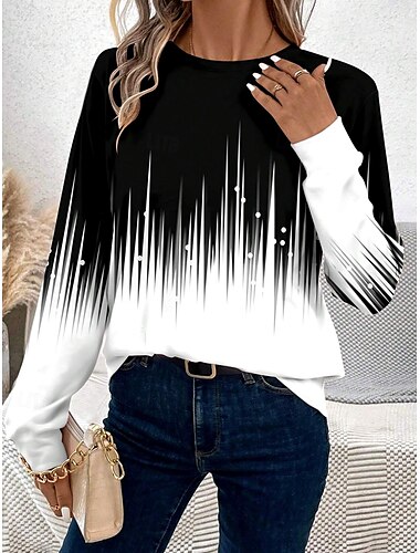  Dames T-shirt Ombre Casual Lange mouw Strakke ronde hals Normale tops Dagelijks Afdrukken Zwart en wit Lente Herfst