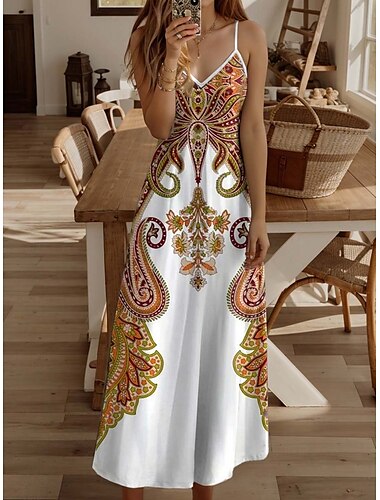  Dames Maxi-jurk Zomerjurk A-lijn Jurk Bloem Jurk Vloeiende Vakantie Casual Dagelijks Regulair Fit Paisley Mouwloos V-hals Geel Zomer Lente