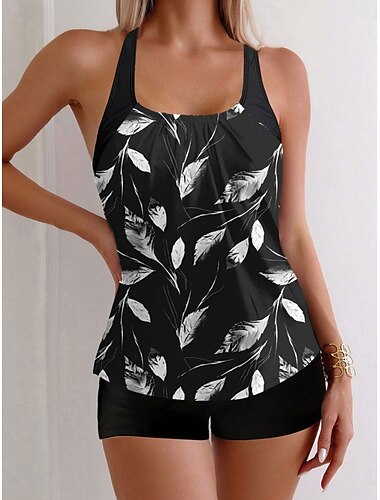  Femme Maillots de Bain Tankini 2 pièces Jambe de garçon Maillot de bain Dos Nu Taille haute Vacances Tenues de plage Feuilles Décolleté Sans Manches Maillots de bain
