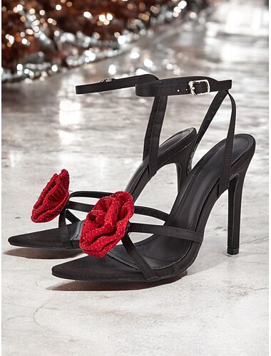  sandálias pretas de salto alto com enfeites florais vermelhos - sapatos de festa chiques para mulheres e casamento