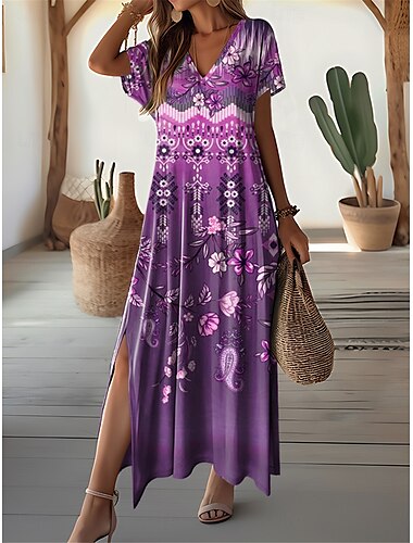  Damen Maxi Kleid Vintage Kleid Lässiges Kleid Freizeitkleid Vintage Ethnisch Tribal Drop Shoulder Urlaub Straße Feiertag Reguläre Passform Tribal Kurzarm V-Ausschnitt Weiß Blau Lila Khaki