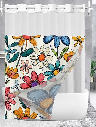  Bloem Wafel-Weef Textuur Douchegordijn Set met Insteek Voering en Transparante Raam Waterafstotend Polyester Oogjes Bovenkant,120GSM Hotel Kwaliteit Spa Stijl Badkamer Scheiding Geen Haakjes Vereist