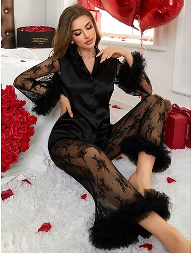  Spitzenunterwäsche zum Valentinstag für Damen, sexy Dessous, BH-Höschen-Set, BH-Spitze, Nachtwäsche für den Alltag, einfarbig, süßes schwarzes Home-Outfit für Verabredungen und Abende