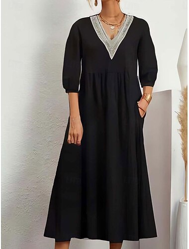  Damen Midikleid elegant Vintage stylisch Laternenärmel Urlaub Alltag Regular Fit schlicht 3/4 Ärmel V-Ausschnitt schwarz weiß Sommer Frühling Herbst