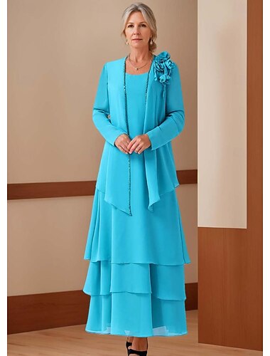  A-Linie 3-teiliges Mutter der Braut Kleid Elegantes Vintage Einfaches Rundhals Bodenlänge Chiffon Ärmellos Lange Ärmel Floral Jackenkleider mit Cascading Rüschen 2025