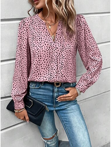  Dámské Košile Halenka Leopard stylové Na běžné nošení Dlouhý rukáv Vroubkovaný krk Běžné topy Denní Tisk Bílá Světlá růžová Léto Jaro