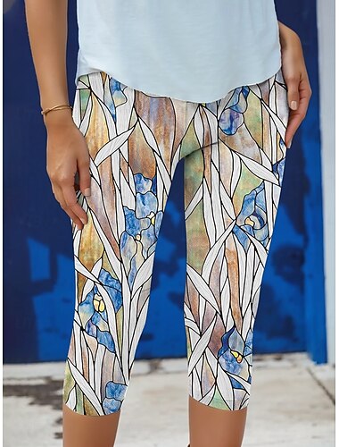  Damleggings capribyxor hög elastisk mode streetwear full längd hög midja blommig tryck termisk varm andas mjuk utomhus daglig gul höst vinter vanlig passform
