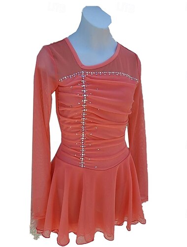 Kunstskøjtekjole Dame Pige Skøjteløb Kjoler Orange Patchwork Åben Ryg Net Spandex Elastisk Træning Professionel Konkurrence Skøjtetøj Krystal / Rhinsten Langærmet Kunstskøjteløb