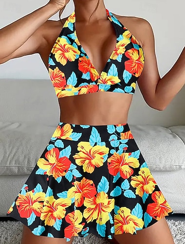  Damskie Tankini Dwuczęściowy strój kąpielowy Odkryte plecy Kąpielówki Kwiaty Stroje kąpielowe Czarny Żółty Oddychający Szybkie wysychanie Lekki Bez rękawów - Pływacki Surfing Plaża Lato Wiosna