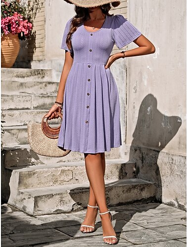  Damen Midikleid Casual kleid A Linie Kleid Stilvoll Basic Brautkleider schlicht Urlaub Täglich Regular Fit Glatt Kurzarm V Ausschnitt Weiß Purpur Sommer Frühling