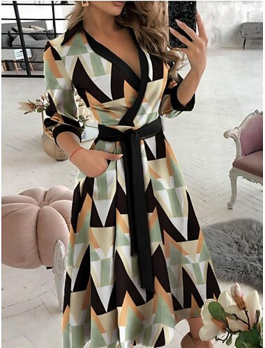  Damen Midikleid Casual kleid A Linie Kleid Stilvoll Brautkleider schlicht Urlaub Täglich Regular Fit Graphic Geometrisch 3/4 Ärmel V Ausschnitt Schwarz Weiß Blau Grün Sommer