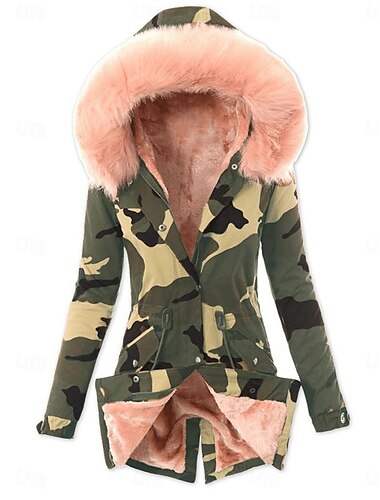  Damen Fleecejacke Teddy-Mantel Hoodie Jacke warm halten Atmungsaktiv Knopf Tasche Bedruckt Innenfutter aus Fleece Brautkleider schlicht camuflaje Urlaub Strasse Freizeitskleidung Ausgehen Einreihiger