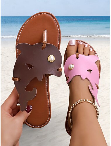  Flache Sandalen für Damen mit Delfinmotiv, Perlenverzierungen und offener Zehenpartie – lustige Sommerschuhe für den Strandurlaub und Freizeitausflüge