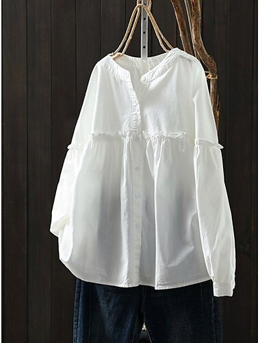  Damen Hemd Bluse Gestreift damas Stilvoll Brautkleider schlicht Langarm Laternenärmel Rundhalsausschnitt Normale Oberteile Täglich Festtage Ausgehen Knopf Weiß Blau Sommer Frühling Herbst