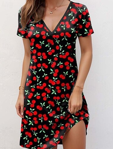  Femmes Mini Robe Mini-robe Robe T-Shirt Robe d'Été Robe trapèze Élégant Vacances Anniversaire Occasionnel Coupe régulière Fleuri Graphique Manche Courte Col en V Noir Été