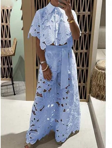  Mujer Moda Ropa de calle Diario Camisa de encaje Pantalones de pierna ancha Manga Corta Cuello Camisero Plano Encaje Casual Diario Amarillo Azul cielo Verde Trébol Verano Ajuste regular