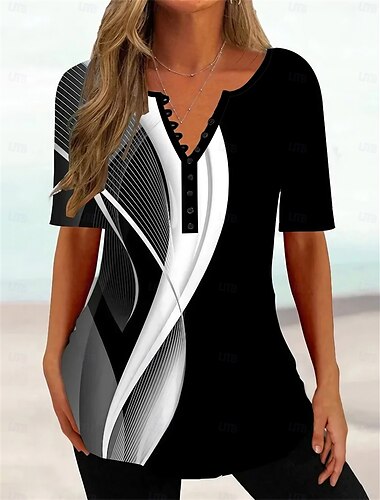  Damen T Shirt Geometrisch Abstrakt Tuniken Basic Kurzarm V Ausschnitt Normale Oberteile Casual Täglich Knopf Bedruckt Schwarz