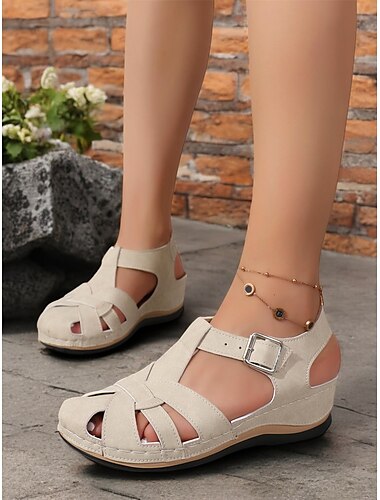  sandali da donna beige con zeppa chiusa e fibbia regolabile – scarpe comode ed eleganti per passeggiate estive e uscite informali