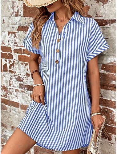  Women's Midi Dress Shirt Dress Stylish Casual Vacation Daily Regular Fit Stripe Short Sleeve Shirt Collar Black Blue Summer