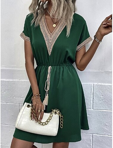  Damen Minikleid Weißes Kleid Weißes Spitzenkleid mit Ärmeln Sommerkleid Brautkleider schlicht Urlaub Täglich Lockere Passform Kurzarm V Ausschnitt Dunkelgrün Beige Sommer Frühling